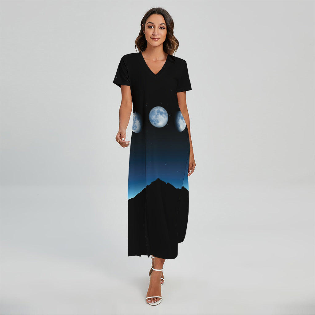Night Sky And Moon Phase Print Short Sleeve Maxi Dress