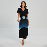 Night Sky And Moon Phase Print Short Sleeve Maxi Dress