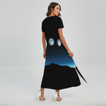 Night Sky And Moon Phase Print Short Sleeve Maxi Dress