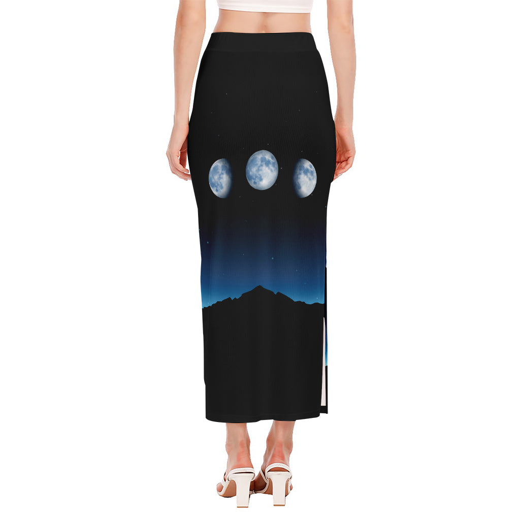 Night Sky And Moon Phase Print Side Slit Maxi Skirt