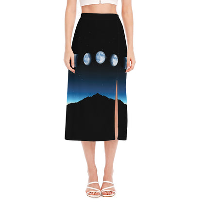 Night Sky And Moon Phase Print Side Slit Midi Skirt