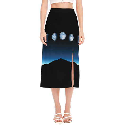 Night Sky And Moon Phase Print Side Slit Midi Skirt