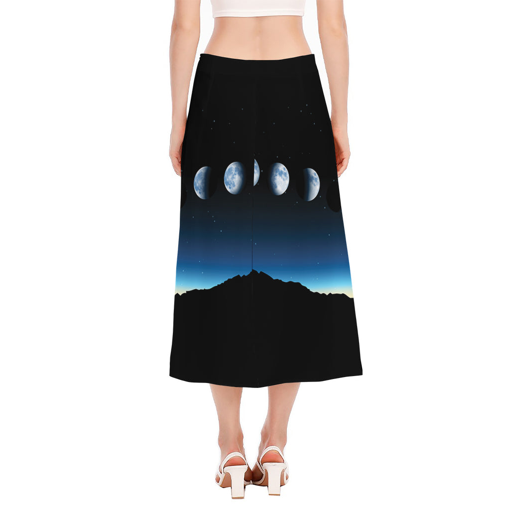 Night Sky And Moon Phase Print Side Slit Midi Skirt