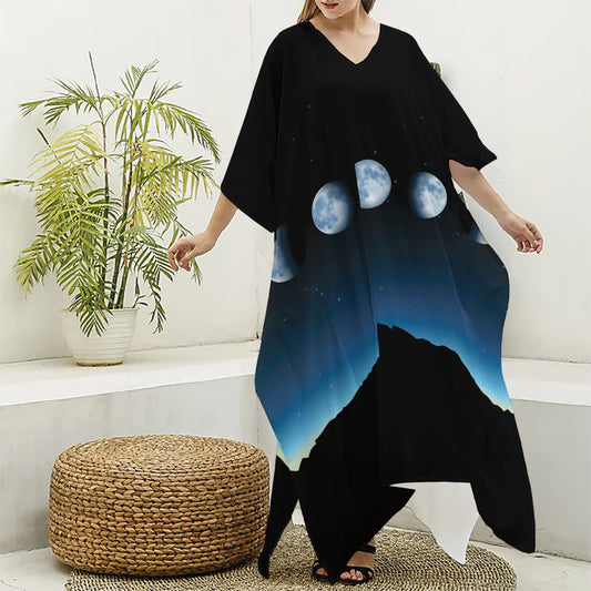 Night Sky And Moon Phase Print Silk V-Neck Kaftan Dress