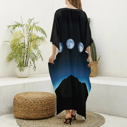 Night Sky And Moon Phase Print Silk V-Neck Kaftan Dress