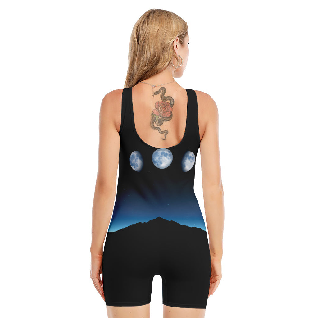 Night Sky And Moon Phase Print Sleeveless One Piece Swimsuit