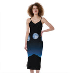 Night Sky And Moon Phase Print Slim Fit Midi Cami Dress