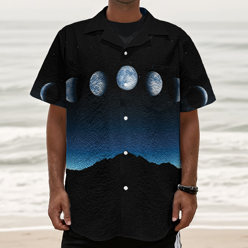Night Sky And Moon Phase Print Textured Short Sleeve Shirt