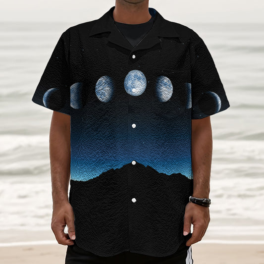 Night Sky And Moon Phase Print Textured Short Sleeve Shirt