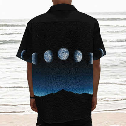 Night Sky And Moon Phase Print Textured Short Sleeve Shirt
