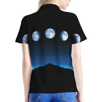Night Sky And Moon Phase Print Women's Polo Shirt