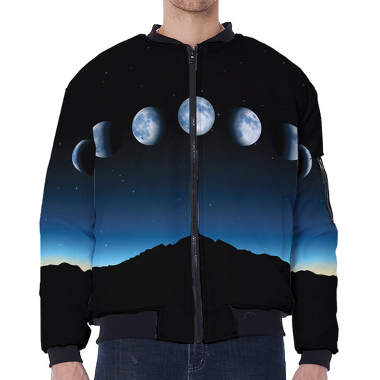 Night Sky And Moon Phase Print Zip Sleeve Bomber Jacket