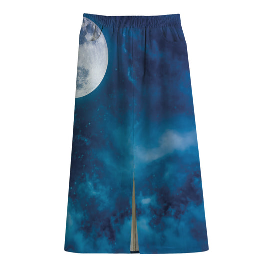 Night Sky And Moonlight Print Cotton Front Slit Maxi Skirt