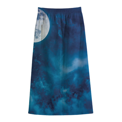 Night Sky And Moonlight Print Cotton Front Slit Maxi Skirt