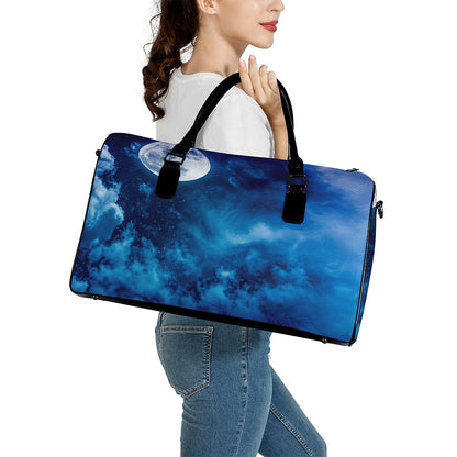 Night Sky And Moonlight Print Leather Duffle Bag