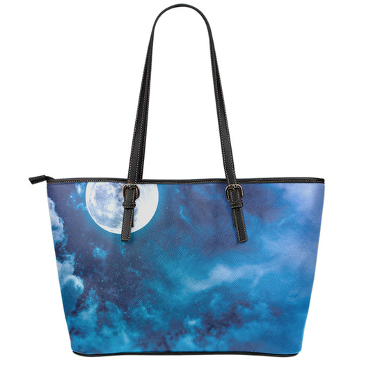 Night Sky And Moonlight Print Leather Tote Bag