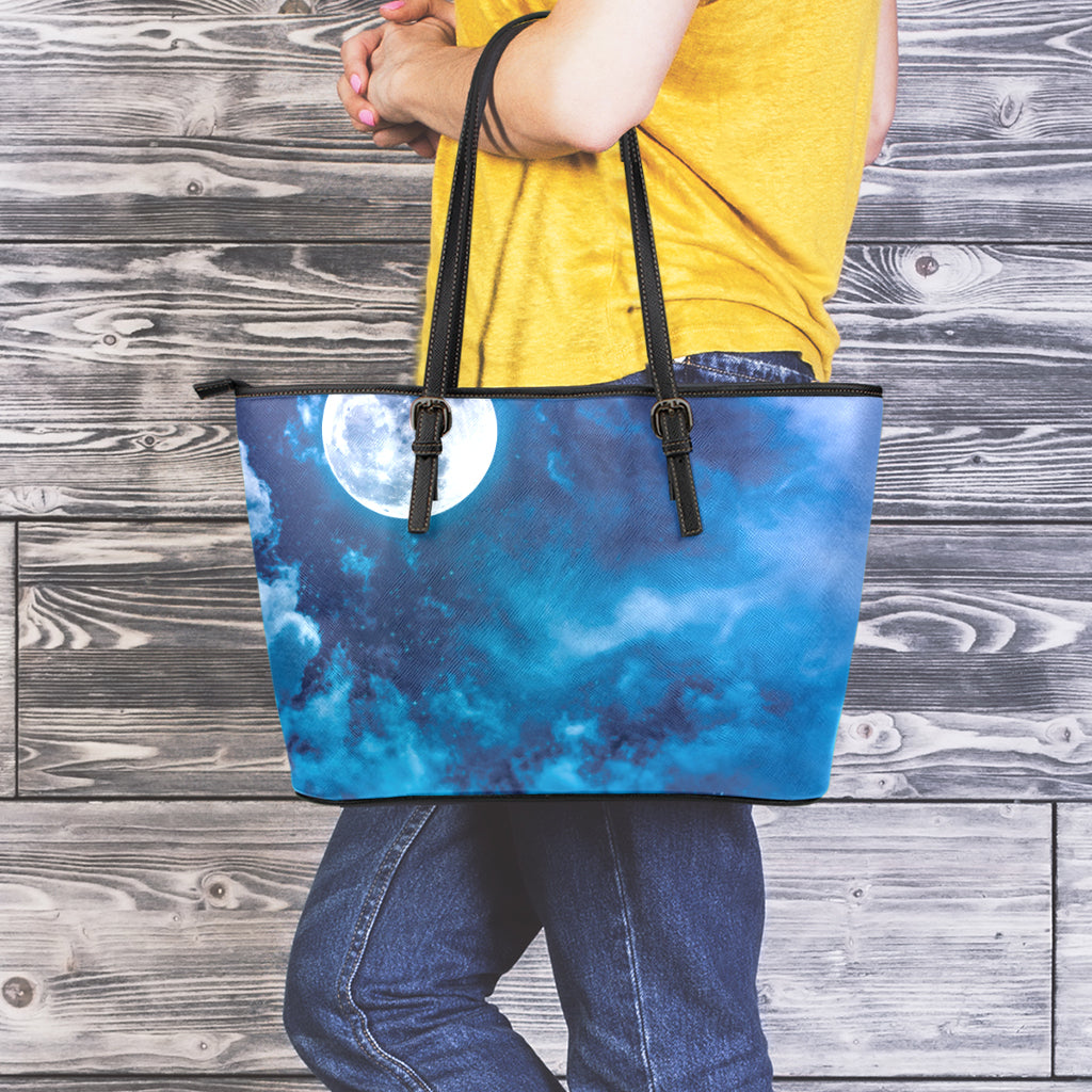 Night Sky And Moonlight Print Leather Tote Bag