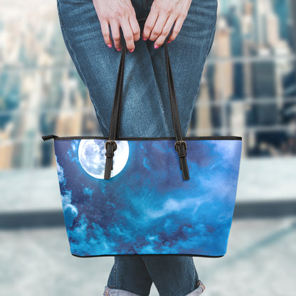 Night Sky And Moonlight Print Leather Tote Bag