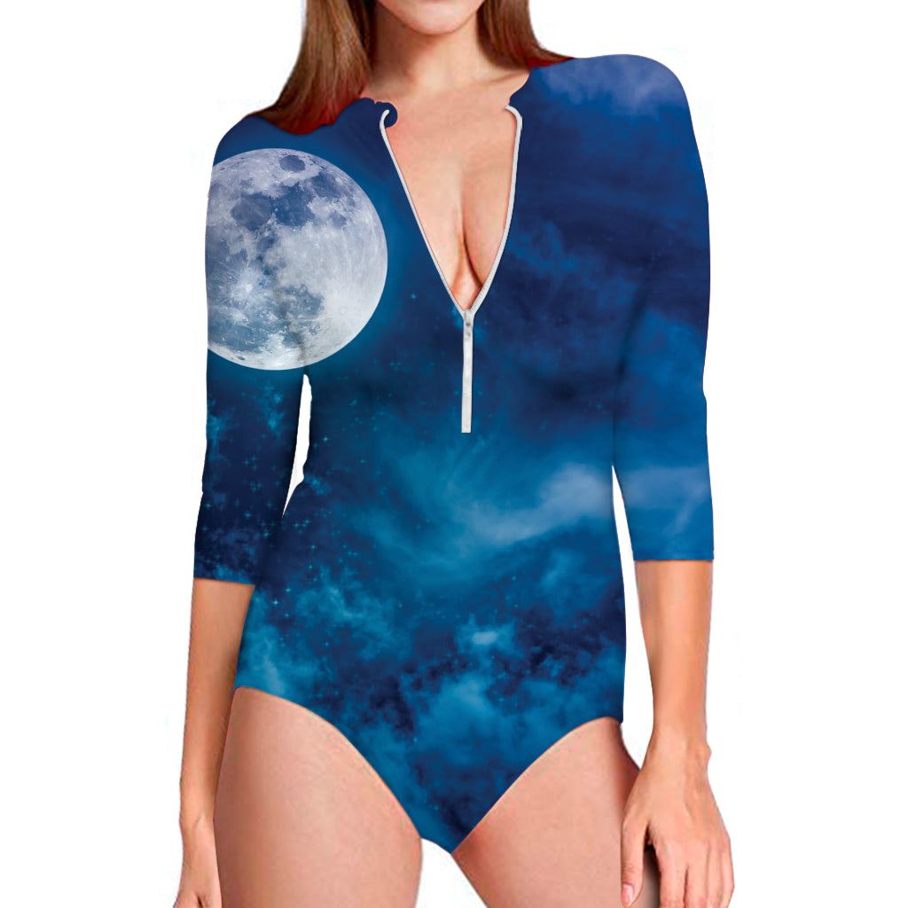 Night Sky And Moonlight Print Long Sleeve Swimsuit