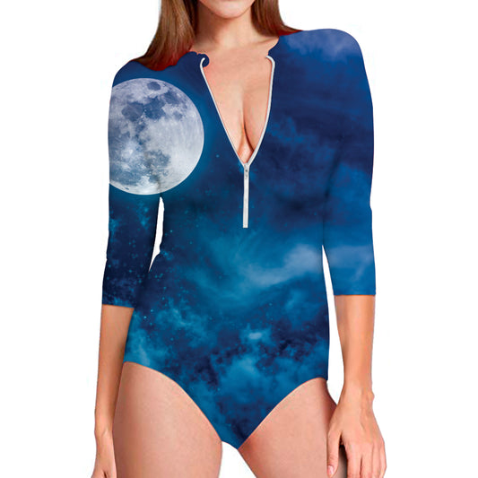 Night Sky And Moonlight Print Long Sleeve Swimsuit