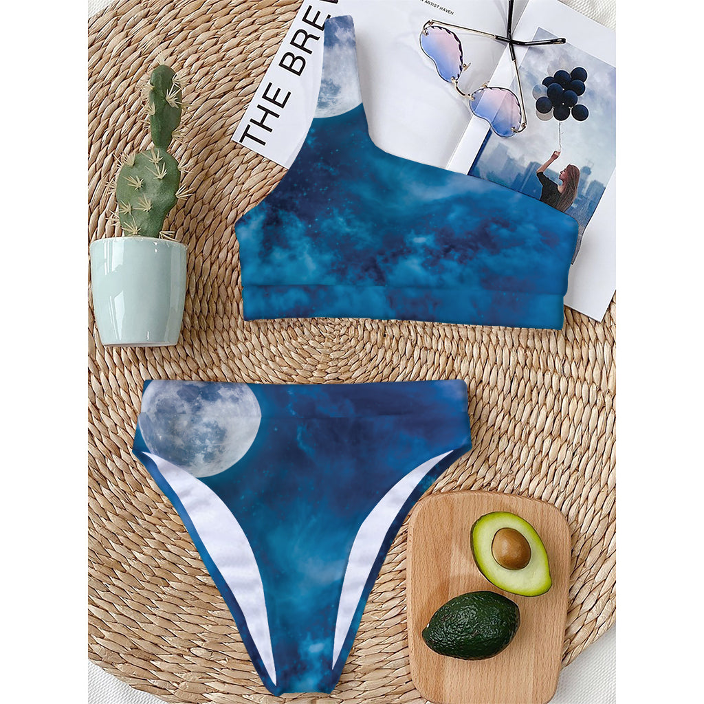 Night Sky And Moonlight Print One Shoulder Bikini Top