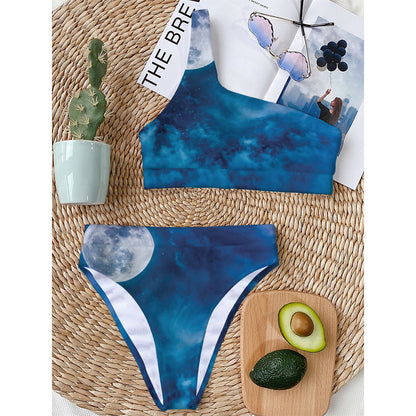 Night Sky And Moonlight Print One Shoulder Bikini Top