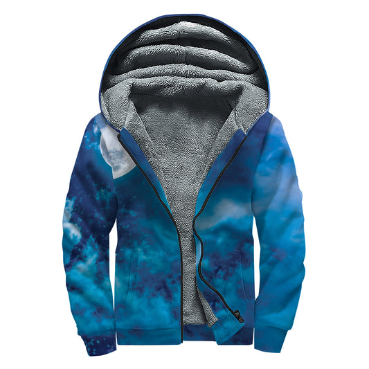 Night Sky And Moonlight Print Sherpa Lined Zip Up Hoodie