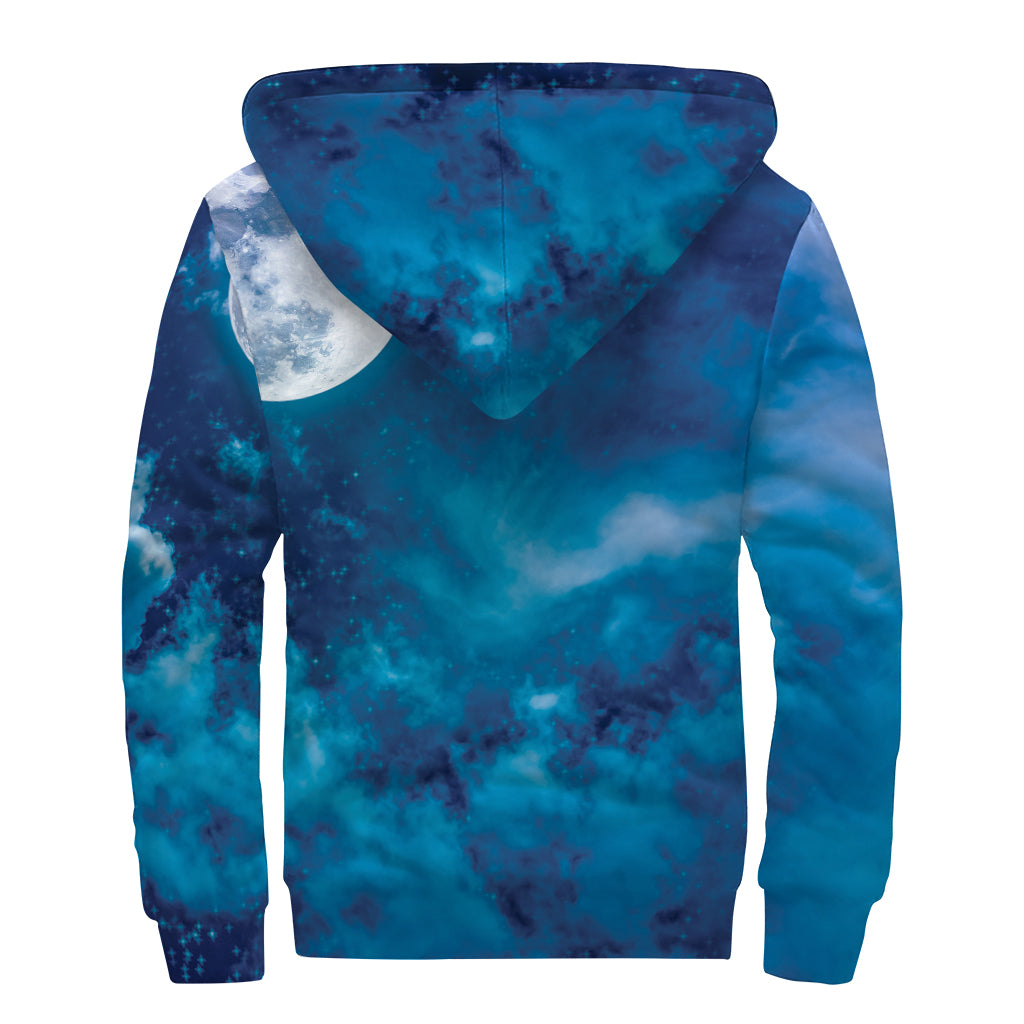 Night Sky And Moonlight Print Sherpa Lined Zip Up Hoodie