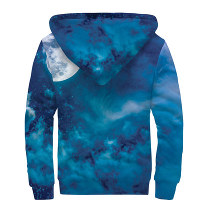 Night Sky And Moonlight Print Sherpa Lined Zip Up Hoodie