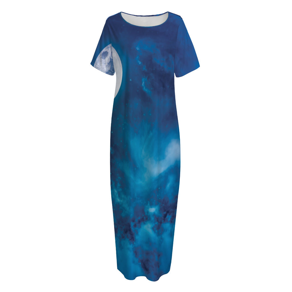 Night Sky And Moonlight Print Short Sleeve Long Nightdress