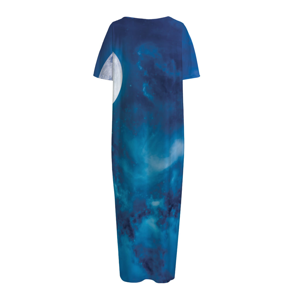 Night Sky And Moonlight Print Short Sleeve Long Nightdress