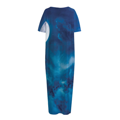 Night Sky And Moonlight Print Short Sleeve Long Nightdress