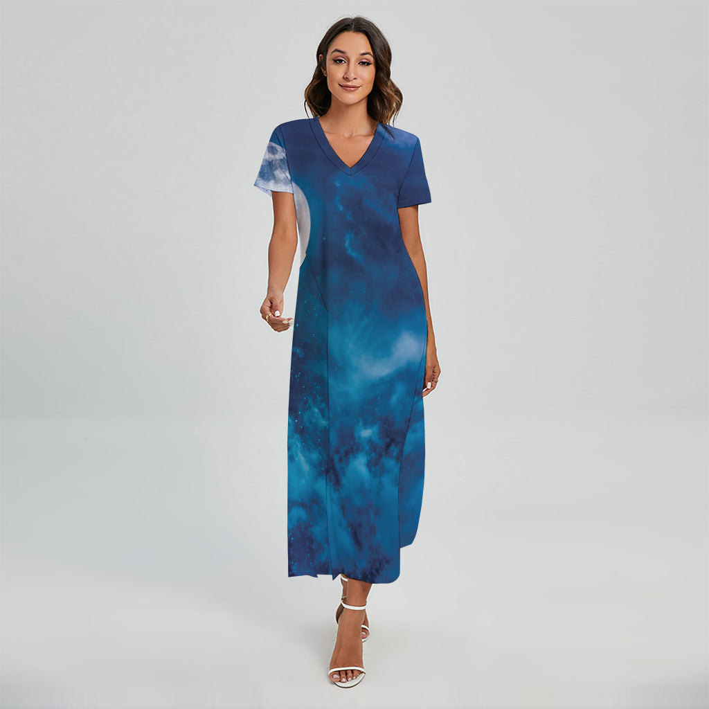Night Sky And Moonlight Print Short Sleeve Maxi Dress