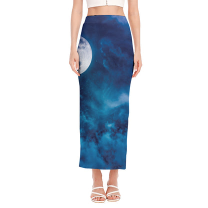 Night Sky And Moonlight Print Side Slit Maxi Skirt