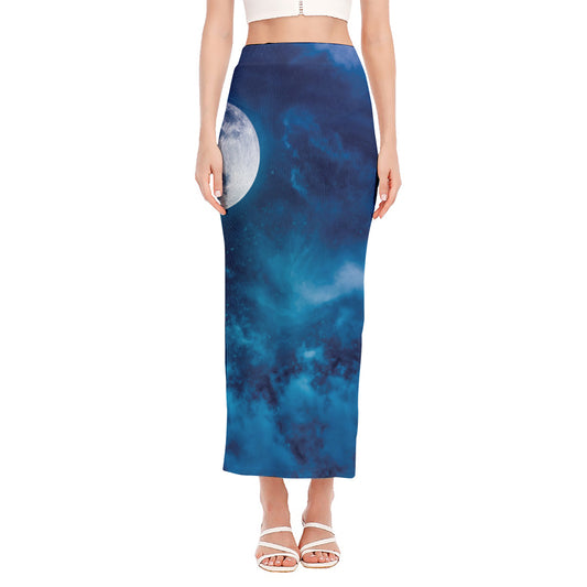 Night Sky And Moonlight Print Side Slit Maxi Skirt