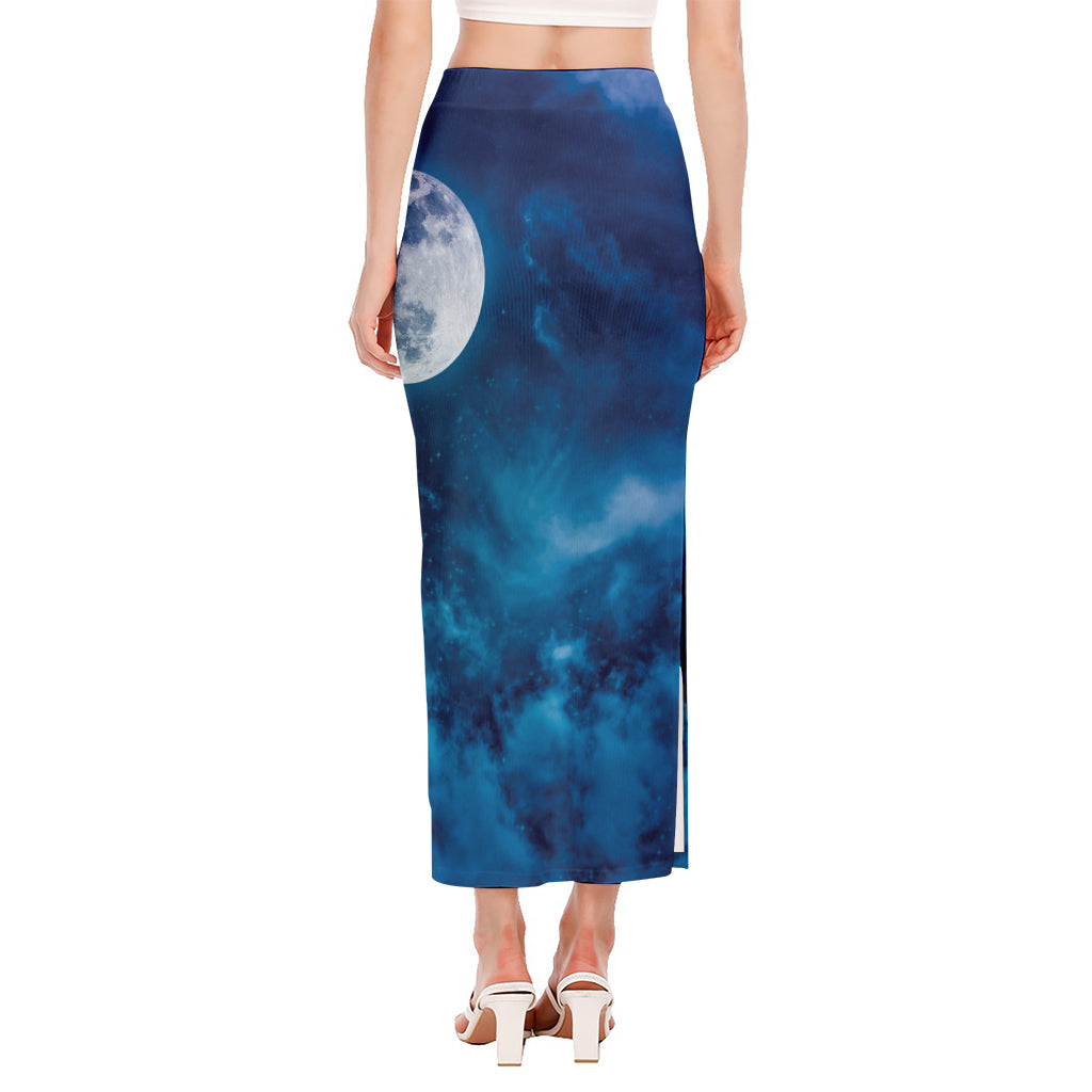 Night Sky And Moonlight Print Side Slit Maxi Skirt