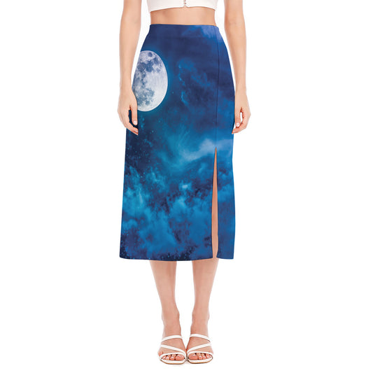 Night Sky And Moonlight Print Side Slit Midi Skirt
