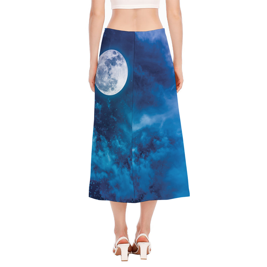Night Sky And Moonlight Print Side Slit Midi Skirt