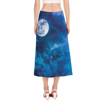 Night Sky And Moonlight Print Side Slit Midi Skirt