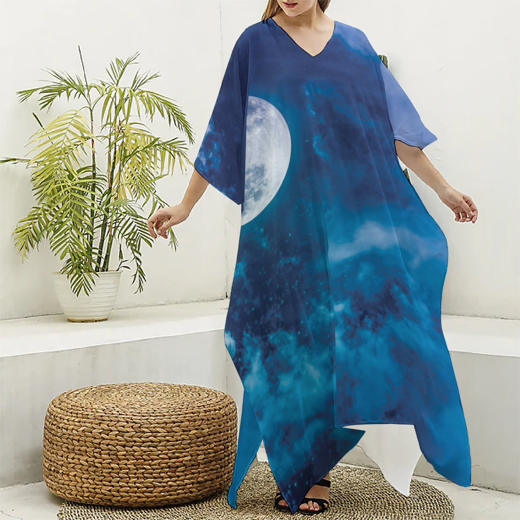 Night Sky And Moonlight Print Silk V-Neck Kaftan Dress