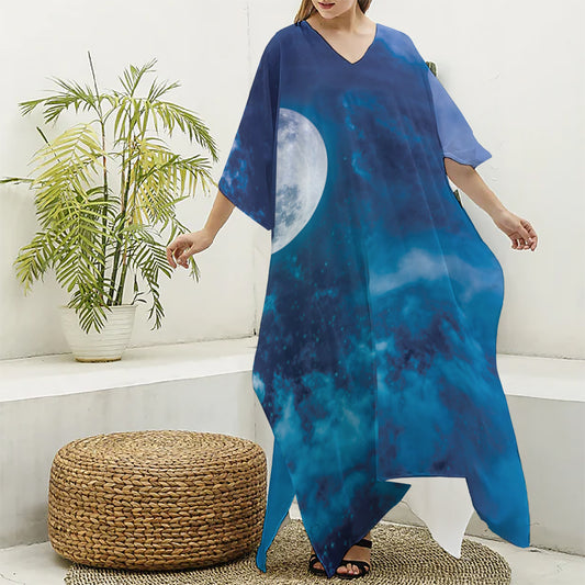 Night Sky And Moonlight Print Silk V-Neck Kaftan Dress