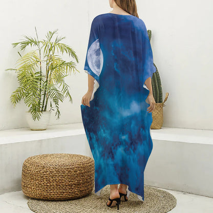 Night Sky And Moonlight Print Silk V-Neck Kaftan Dress