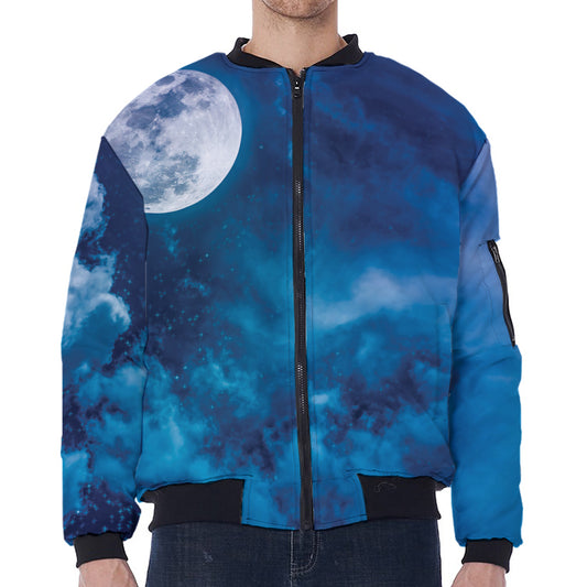 Night Sky And Moonlight Print Zip Sleeve Bomber Jacket