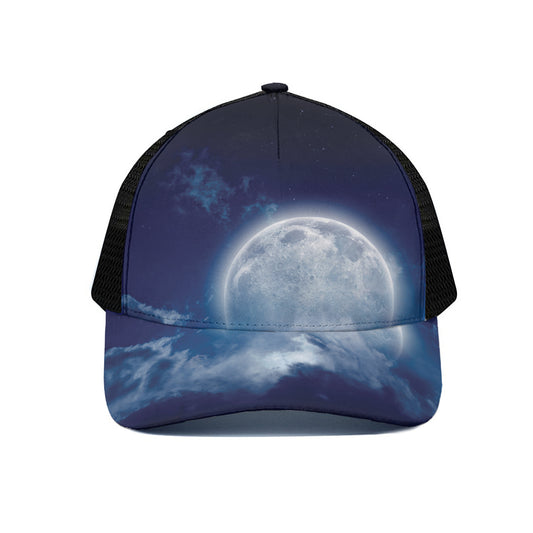 Night Sky Full Moon Print Black Mesh Trucker Cap