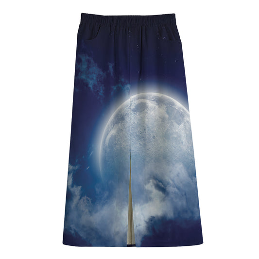 Night Sky Full Moon Print Cotton Front Slit Maxi Skirt