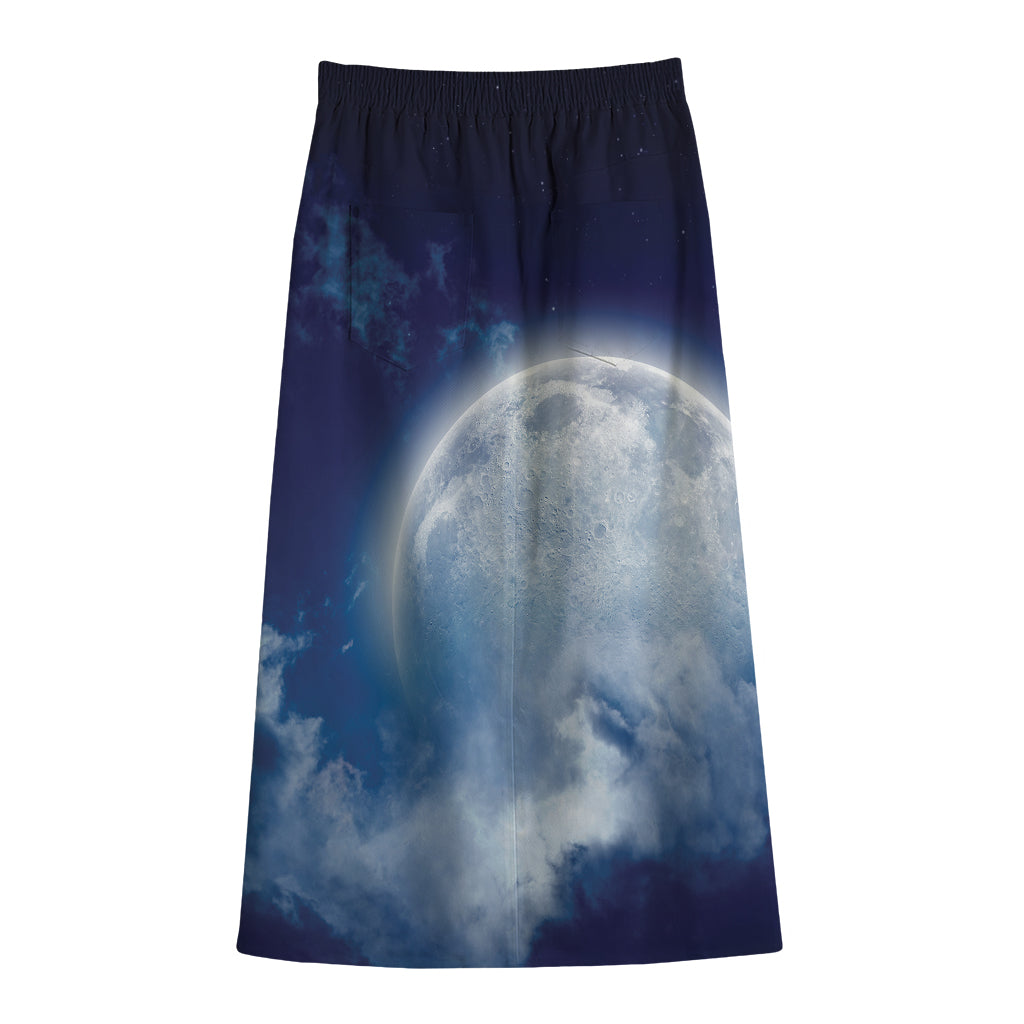 Night Sky Full Moon Print Cotton Front Slit Maxi Skirt