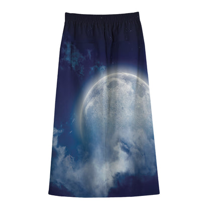 Night Sky Full Moon Print Cotton Front Slit Maxi Skirt