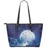 Night Sky Full Moon Print Leather Tote Bag