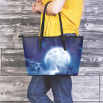 Night Sky Full Moon Print Leather Tote Bag