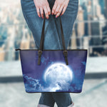 Night Sky Full Moon Print Leather Tote Bag